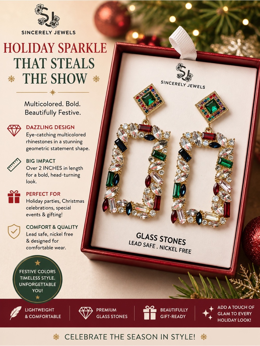 Sincerely Jewels Multicolor Rhinestone Holiday Drop Earrings